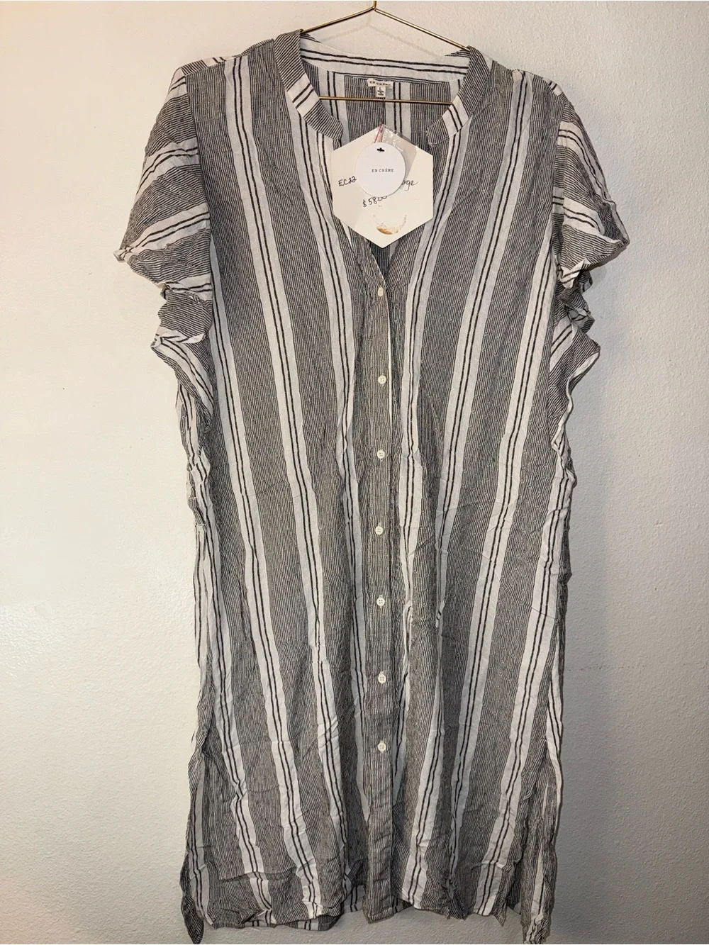 En Creme Striped Button-Front Viscose Dress - Gray & White - Picture 1 of 4